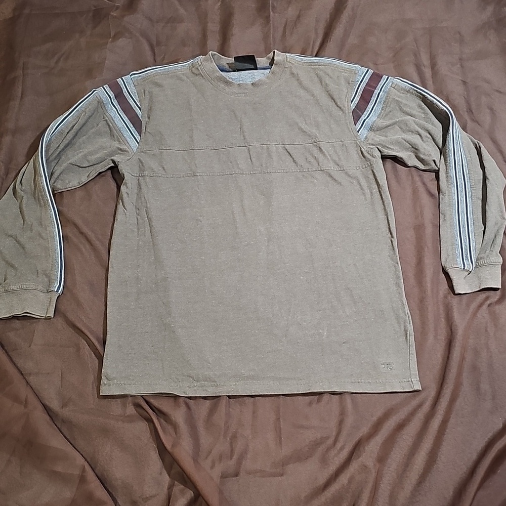 XG Men's Long Sleeve Shirt Brown Green With Stripe Down Shoulder And Arm Size M